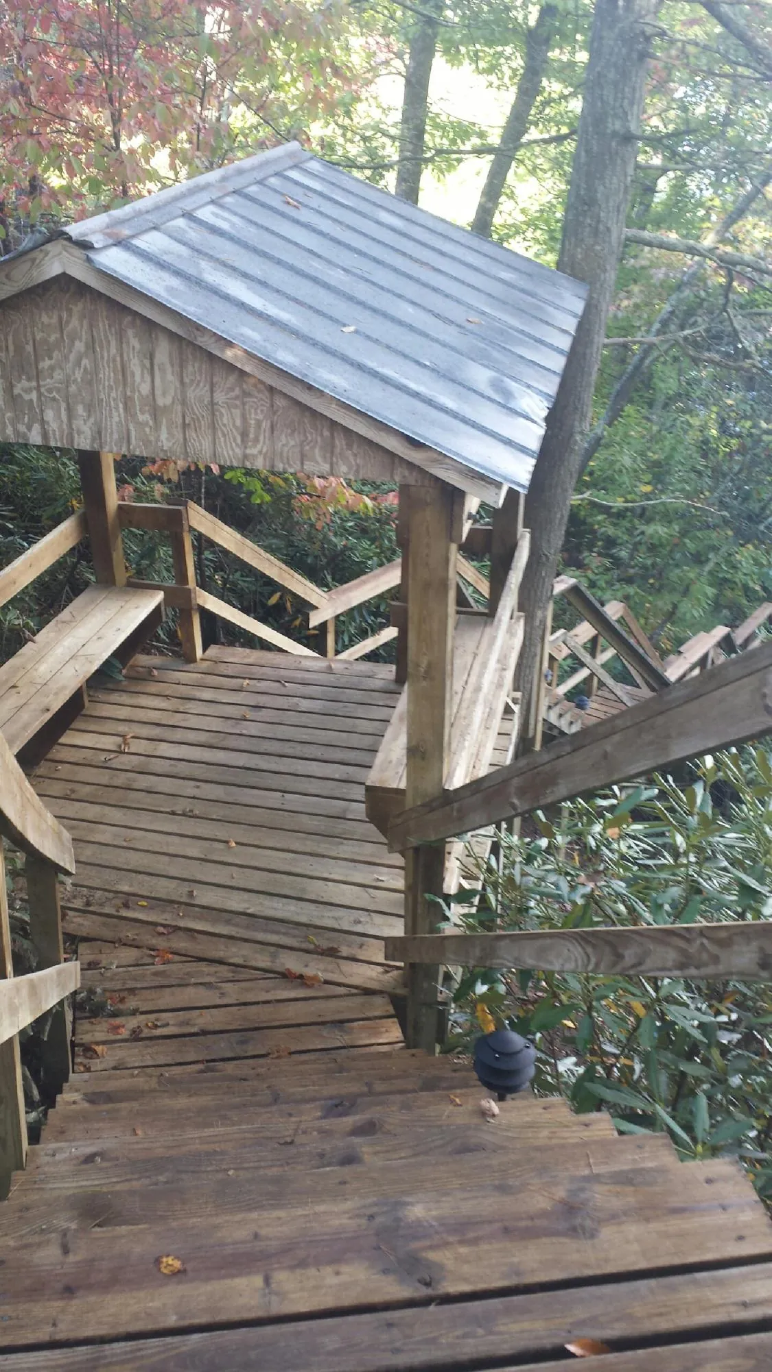Metal roofed shelter over wooden steps on a wooded walkway — Skylight Repair & Installation work by our crew in Laneview